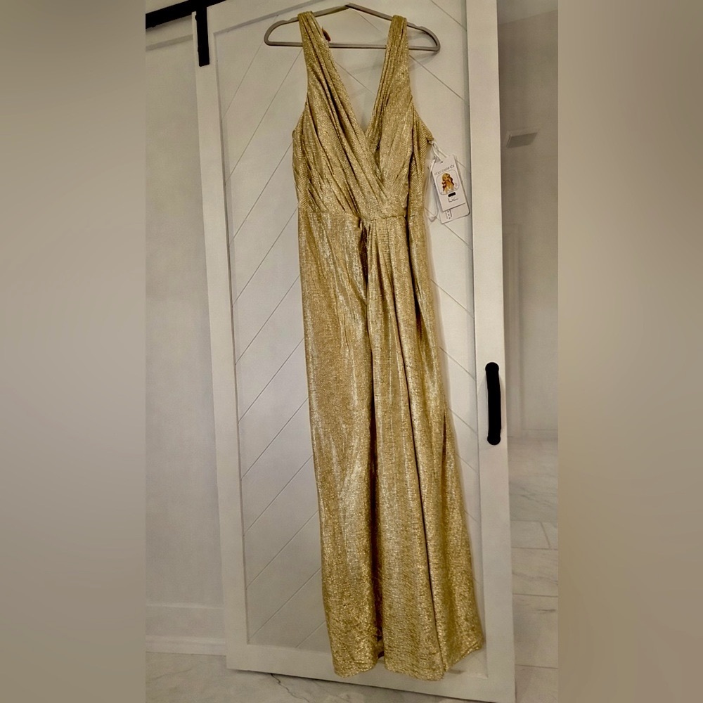Hailey Paige Occasions Gold Cashmere V back strap ruched waist Style 5954 sz 22 - Picture 4 of 16
